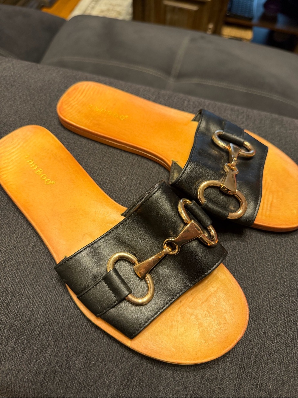BAMBOO Black Slide Sandals with Gold Bit Accent